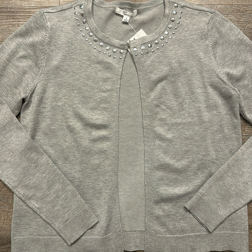 89th + Madison light gray studded lightweight cardigan sweater size small - Picture 4 of 8